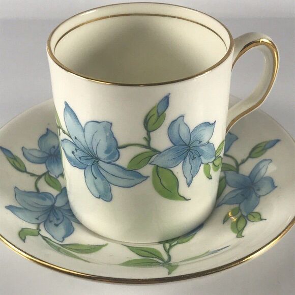 Royal Chelsea Demitasse Coffee Tea Cup Saucer w Blue Lillies Lily VTG - Picture 1 of 12